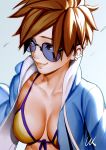  1girl backlighting bikini blue_background blue_jacket blue_sky breasts brown_hair casual collarbone day ear_piercing earrings front-tie_bikini front-tie_top highres jacket jewelry lolik long_sleeves looking_to_the_side medium_breasts open_clothes open_jacket overwatch piercing short_hair signature sky solo spiked_hair sunglasses swimsuit tracer_(overwatch) upper_body yellow_bikini 