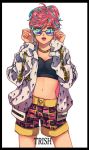  1girl adapted_costume adjusting_eyewear aqua_eyes araiguma_(gomipanda123) border breasts bruno_buccellati bruno_buccellati_(cosplay) chain_necklace character_name cleavage cosplay cowboy_shot english_text jacket jojo_no_kimyou_na_bouken lips looking_at_viewer looking_over_eyewear medium_breasts midriff nail_polish navel open_mouth pink_hair red_nails short_hair short_shorts shorts simple_background solo standing strapless sunglasses trish_una tubetop vento_aureo white_background zipper zipper_pull_tab 