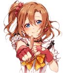  1girl black_bow blue_eyes bokura_wa_ima_no_naka_de bow bowtie brown_hair choker closed_mouth dress_shirt earrings fingerless_gloves gloves hair_between_eyes hair_ornament hair_scrunchie hotechige index_finger_raised jewelry kousaka_honoka long_hair looking_at_viewer love_live! love_live!_school_idol_project red_gloves red_scrunchie scrunchie shiny shiny_hair shirt short_sleeves simple_background smile solo striped striped_bow striped_neckwear upper_body white_background white_shirt yellow_neckwear 