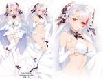  1girl :d ankle_ribbon antenna_hair artist_name azur_lane bangs bare_shoulders blush breast_lift breasts bridal_gauntlets bridal_veil brown_eyes choker dakimakura dated dress dress_lift eyebrows_visible_through_hair finger_to_mouth from_above frown full_body garter_belt garter_straps gloves hair_between_eyes half-closed_eyes headgear high_heels highres iron_cross large_breasts long_hair looking_at_viewer lying menggongfang mole mole_on_breast multicolored_hair navel on_back open_mouth panties prinz_eugen_(azur_lane) prinz_eugen_(symphonic_fate)_(azur_lane) red_hair ribbon silver_hair skindentation smile solo stomach streaked_hair two_side_up underwear veil very_long_hair wedding_dress white_dress white_footwear white_gloves white_legwear white_panties 
