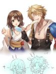  1boy 1girl blonde_hair blue_eyes brain_freeze breasts brown_hair closed_eyes detached_sleeves final_fantasy final_fantasy_x food gloves green_eyes hakama heterochromia ice_cream japanese_clothes jewelry necklace open_mouth sasanomesi short_hair simple_background smile tidus white_background yuna_(ff10) 
