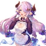  1girl :d apron black_skirt black_sweater blue_eyes bow breasts cleavage cleavage_cutout cowboy_shot floating_hair frilled_apron frills granblue_fantasy hair_bow hair_ornament hair_over_one_eye heart heart_hair_ornament heart_hands horns long_hair medium_breasts miniskirt multiple_hair_bows narmaya_(granblue_fantasy) open_mouth pleated_skirt pointy_ears purple_bow ribbed_sweater rowya silver_hair simple_background skirt smile solo standing sweater twintails very_long_hair white_apron white_background 