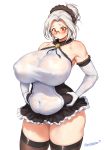 1girl 2019 bare_shoulders belly belly_grab blush breasts brown_legwear cameltoe covered_navel covered_nipples curvy dress elbow_gloves glasses gloves hair_bun highres huge_breasts labiata_(last_origin) last_origin looking_down nestkeeper no_bra panties pantyshot pantyshot_(standing) plump red_eyes rimless_eyewear see-through short_dress short_hair signature silver_hair solo standing taut_clothes thick_thighs thighhighs thighs underwear weight_conscious wet wet_clothes white_gloves 