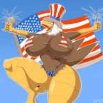  1:1 accipitrid accipitriform anthro avian beak big_breasts bikini bird blue_eyes breasts clothed clothing eagle female flag hat headgear headwear hi_res looking_at_viewer navel non-mammal_breasts open_mouth skimpy solo sparklers swimwear thick_thighs top_hat zp92 