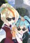  2girls :o aqua_hair bangs black_jacket blonde_hair blue_ribbon blue_sky blunt_bangs blurry blurry_background building cloud cloudy_sky commentary_request cup dappled_sunlight day depth_of_field disposable_cup dress_shirt drinking_straw eyebrows_visible_through_hair eyes_visible_through_hair hair_ornament hair_over_one_eye hair_ribbon highres holding holding_cup hoshikawa_lily jacket letterman_jacket long_hair looking_at_viewer looking_over_eyewear multicolored_hair multiple_girls neckerchief nikaidou_saki open_clothes open_jacket open_mouth orange_neckwear outdoors parted_lips ponytail red_jacket ribbon shirt sky smile standing star star_hair_ornament streaked_hair sunglasses sunlight toon_(noin) twintails white_shirt zombie_land_saga 