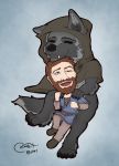  2019 anthro beard black_fur blokfort brown_hair canid canine canis claws clothed clothing duo eleniel facial_hair female from_behind_(disambiguation) fur hair hood hug human human_on_anthro humanoid_hands interspecies male male_on_anthro mammal wolf 