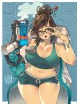  1girl bangs beads black-framed_eyewear breasts brown_eyes brown_hair cleavage coat collarbone cowboy_shot dated fur-trimmed_jacket fur_coat fur_trim glasses hair_bun hair_ornament hair_stick holding holding_weapon ice_gun jacket jacket_on_shoulders large_breasts long_hair looking_at_viewer mei_(overwatch) navel open_clothes open_coat open_mouth original overwatch parka poch4n short_shorts shorts snowflake_hair_ornament solo standing swept_bangs tank_top thighs weapon winter_clothes winter_coat 