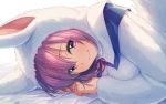  1girl bangs bed_sheet closed_mouth cosplay eyebrows_visible_through_hair eyes_visible_through_hair fate/grand_order fate_(series) fou_(fate/grand_order) fou_(fate/grand_order)_(cosplay) hair_between_eyes hood hood_up long_sleeves looking_at_viewer mash_kyrielight pink_ribbon purple_eyes purple_hair ribbon sayshownen smile solo twitter_username 