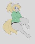  anthro biped blonde_hair blonde_tail blue_eyes breasts clothing digital_media_(artwork) equid equine eyewear female fur glasses grey_background grey_ears grey_fur hair hi_res hoodie horse long_hair long_tail looking_at_viewer mammal simple_background solo sweater thick_thighs topwear vammzu 