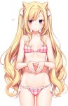  1girl animal_ear_fluff animal_ears bare_arms bare_shoulders bikini bikini_day blonde_hair breasts brown_eyes cat_ears collarbone cowboy_shot frilled_bikini frills hair_ribbon halterneck highres komeshiro_kasu long_hair looking_at_viewer navel original own_hands_together pink_bikini ribbon side-tie_bikini small_breasts smile solo standing stomach swimsuit thighs twintails very_long_hair wavy_hair white_ribbon 