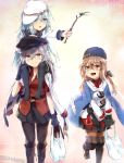  3girls :o anchor bag bangs belt black_gloves black_headwear black_legwear black_ribbon black_skirt blush boots branch breasts brown_hair bug cheese_(cheese_koubou) cleavage dragonfly eyebrows_visible_through_hair fingerless_gloves flat_cap gangut_(kantai_collection) gloves grey_hair hair_ornament hair_ribbon hairclip hammer_and_sickle hat hibiki_(kantai_collection) highres holding holding_bag holding_branch insect jacket jacket_on_shoulders kantai_collection long_hair long_sleeves low_twintails multiple_girls on_shoulder open_mouth papakha plastic_bag ribbon sailor_collar scar scarf school_uniform serafuku shirt silver_hair skirt smile star stick tashkent_(kantai_collection) torn_scarf twintails twitter_username verniy_(kantai_collection) white_scarf 