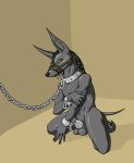  anubian balls canid canine canis chastity_cage chastity_device collar egyptian incendax jackal leash male mammal muzzle_(object) penis solo 
