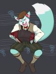 &gt;_&lt; 2019 6my accordion anthro beret big_tail black_eyebrows black_fur black_nose blue_fur blue_tail bottomwear bow_tie canid canine clothed clothing digital_media_(artwork) dipstick_tail eyebrows eyes_closed footwear fox front_view fully_clothed fur grey_background happy hat headgear headwear hi_res holding_musical_instrument holding_object legwear long_tail male mammal multicolored_fur multicolored_tail musical_instrument musical_note open_mouth pants pink_fur playing_music roflfox shoes simple_background smile socks solo two_tone_tail white_fur white_tail 