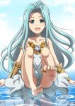  1girl :d barefoot blue_eyes blue_hair breasts choker collarbone dress granblue_fantasy hanzou highres long_hair looking_at_viewer lyria_(granblue_fantasy) no_panties open_mouth reflecting_pool short_dress sitting sleeveless sleeveless_dress small_breasts smile soles solo strapless strapless_dress very_long_hair white_dress 