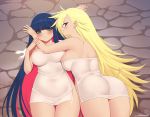  2girls aqua_eyes artist_name ass bangs bare_shoulders blonde_hair blue_hair blunt_bangs blush breasts commentary english_commentary kuroonehalf large_breasts long_hair looking_at_viewer lying multicolored_hair multiple_girls naked_towel on_back on_side panty_&amp;_stocking_with_garterbelt panty_(psg) parted_lips pink_hair smile stocking_(psg) stone_floor thigh_gap towel two-tone_hair very_long_hair 