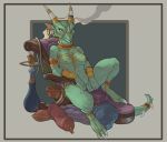  anthro breasts crestfallenartist eyelashes female hookah horn jewelry kobold looking_at_viewer nipples pussy sitting smoke solo 