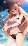  1girl bikini bikini_day black_bikini blonde_hair blurry blush closed_mouth commentary_request cowboy_shot day depth_of_field earrings ereshkigal_(fate/grand_order) fate/grand_order fate_(series) front-tie_top hair_ribbon halterneck highres jewelry lens_flare long_hair looking_at_viewer navel necomi off-shoulder_shirt off_shoulder outdoors red_eyes red_ribbon ribbon see-through shirt sidelocks signature smile solo standing stomach sunlight swimsuit thighs two_side_up very_long_hair water wet wet_clothes wet_shirt white_shirt 
