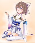  1girl absurdres blue_eyes boots brown_hair highres japanese_clothes shironeko_project short_hair superdanron1 thigh_boots thighhighs 