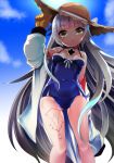  1girl :o arm_up ass_visible_through_thighs azur_lane bangs bare_shoulders blue_sky blue_swimsuit blunt_bangs blush breasts brown_eyes brown_gloves brown_headwear casual_one-piece_swimsuit cloud cloudy_sky collarbone commentary_request covered_navel day eyebrows_visible_through_hair gloves groin hat highres iron_cross jacket long_hair long_sleeves off_shoulder one-piece_swimsuit open_clothes open_jacket parted_lips silver_hair sky small_breasts solo standing sun_hat swimsuit takara_akihito very_long_hair white_jacket z46_(azur_lane) 