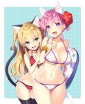  2girls :d :o animal_ear_fluff animal_ears aqua_eyes bare_arms bare_shoulders bell bikini black_choker black_legwear blonde_hair breasts cat_ears cat_girl cat_tail choker cleavage collarbone commentary_request cowboy_shot flower front-tie_bikini front-tie_top hair_between_eyes hair_flower hair_ornament halterneck hand_on_own_chest hibiscus innertube jingle_bell large_breasts long_hair looking_at_viewer multiple_girls navel open_mouth original polka_dot purple_eyes purple_hair red_bikini red_flower scrunchie short_hair side-tie_bikini skindentation smile standing stomach swimsuit tahya tail thigh_gap thighhighs thighs two_side_up white_bikini wrist_scrunchie 