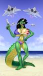  aircraft airplane alligator alligatorid anthro beach big_breasts bikini borisalien breasts clothed clothing crocodilian curvaceous female gun hair handgun hi_res huge_breasts jet looking_at_viewer open_mouth outside pistol ranged_weapon reptile scalie seaside smile solo standing swimwear weapon 