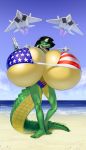  aircraft airplane alligator alligatorid anthro beach big_breasts bikini borisalien breasts clothed clothing crocodilian curvaceous female gun hair handgun hi_res huge_breasts hyper hyper_breasts jet looking_at_viewer open_mouth outside pistol ranged_weapon reptile scalie seaside smile solo standing swimwear weapon 