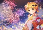  1girl ayamy bat_hair_ornament blonde_hair blush bow breasts eyebrows_visible_through_hair firework_background fireworks from_behind hair_between_eyes hair_bow hair_ornament hair_ribbon hairclip hololive japanese_clothes jewelry kimono looking_at_viewer orange_bow orange_eyes original pink_ribbon ribbon short_hair smile solo virtual_youtuber yozora_mel 