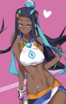  1girl bare_shoulders belly_chain black_hair blue_eyes blue_hair breasts commentary_request dark_skin earrings forehead gloves gym_leader hair_bun heart hoop_earrings jewelry long_hair looking_at_viewer medium_breasts navel open_mouth pokemon pokemon_(game) pokemon_swsh ponytail purple_background revision rurina_(pokemon) shorts simple_background single_glove sportswear stomach swimsuit tankini yostxxx 