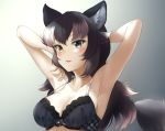  aino-san_(miximixi39) animal_ears anthropomorphism bicolored_eyes black_hair blush bra breasts cleavage close cropped fang gradient gray_wolf_(kemono_friends) kemono_friends long_hair tail underwear wolfgirl 