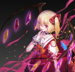  1girl :d absurdres blonde_hair blood blood_from_mouth bloody_clothes bow bunuojiang collarbone fang flandre_scarlet flower hair_between_eyes hair_bow highres jewelry long_skirt nail_polish necklace open_mouth orange_bow red_bow red_eyes red_nails red_shirt red_skirt rose shirt short_hair short_sleeves shoulder_cutout side_ponytail skirt smile solo standing touhou white_flower white_rose wings wrist_cuffs 