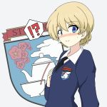  !? 1girl alternate_breast_size bangs black_neckwear blonde_hair blue_eyes blue_sweater blush braid breast_conscious closed_mouth commentary_request darjeeling directional_arrow dress_shirt emblem eyebrows_visible_through_hair flat_chest girls_und_panzer ichinose_jun long_sleeves looking_at_viewer necktie partial_commentary school_uniform shirt short_hair smile solo spoken_interrobang st._gloriana&#039;s_(emblem) st._gloriana&#039;s_military_uniform st._gloriana&#039;s_school_uniform sweatdrop sweater tied_hair twin_braids upper_body v-neck white_shirt wing_collar 
