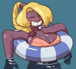  big_breasts black_skin blonde_hair blush bodily_fluids breasts clothing domobot featureless female hair humanoid not_furry simple_background solo sweat swimwear water 