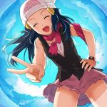  1girl :d ass_visible_through_thighs bent_over blue_hair closed_eyes floating_hair frilled_skirt frills from_below hair_ornament hairclip hand_on_hip hat hikari_(pokemon) kanimaru long_hair miniskirt open_mouth pink_skirt poke_ball_print pokemon pokemon_(game) pokemon_dppt print_hat skirt sleeveless smile solo twitter_username white_headwear 