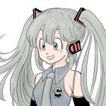  1girl arms_at_sides bare_shoulders breasts capsule_corp commentary_request detached_sleeves eyelashes grey_eyes grey_hair grey_neckwear grey_shirt hair_between_eyes happy hatsune_miku kara_foo long_hair looking_away necktie parody shirt simple_background sleeveless sleeveless_shirt small_breasts smile solo style_parody teeth toriyama_akira_(style) twintails upper_body very_long_hair vocaloid white_background 