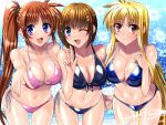  bikini black_bikini blonde_hair blue_bikini blue_eyes blush breasts brown_hair cleavage fate_testarossa hair_ornament hair_ribbon holding_hands large_breasts long_hair looking_at_viewer lyrical_nanoha mahou_shoujo_lyrical_nanoha mahou_shoujo_lyrical_nanoha_strikers multiple_girls navel one_eye_closed open_mouth pink_bikini purple_eyes red_eyes ribbon sen_(sansui) shiny shiny_clothes shiny_hair shiny_skin side_ponytail smile standing swimsuit takamachi_nanoha v very_long_hair wet x_hair_ornament yagami_hayate 