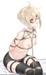  1girl absurdres ahoge artoria_pendragon_(all) bangs bdsm black-framed_eyewear black_legwear black_shorts blonde_hair bondage bound braid breasts commentary eyebrows_visible_through_hair fate/grand_order fate_(series) ginklaga glasses hair_between_eyes highres looking_at_viewer mysterious_heroine_x_(alter) navel nipples open_mouth restrained rope semi-rimless_eyewear shibari shorts simple_background sitting small_breasts solo thighhighs topless under-rim_eyewear white_background yellow_eyes 