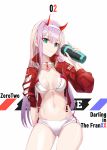  1girl arm_behind_back bangs bottle breasts character_name cleavage closed_mouth collar collarbone copyright_name cowboy_shot darling_in_the_franxx eyebrows_visible_through_hair green_eyes groin hairband highres holding holding_bottle horns jacket kooemong long_hair long_sleeves looking_at_viewer medium_breasts micro_shorts navel open_clothes open_jacket pink_hair race_queen red_jacket shiny shiny_hair shiny_skin shorts simple_background smile solo standing straight_hair very_long_hair white_background white_bikini_top white_hairband white_shorts zero_two_(darling_in_the_franxx) 
