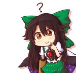  1girl ? arm_cannon bangs black_hair black_wings blush bow cape chibi commentary cowboy_shot eyebrows_visible_through_hair feathered_wings finger_to_mouth green_bow green_skirt hair_between_eyes hair_bow hand_up long_hair looking_at_viewer puffy_short_sleeves puffy_sleeves red_eyes reiuji_utsuho shirt short_sleeves sidelocks silhouette simple_background skirt smile solo space_print starry_sky_print touhou very_long_hair weapon white_background white_cape white_shirt wings wool_(miwol) 