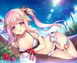  1girl :d bare_shoulders bead_necklace beads bikini bikini_day blue_hair blue_sky blush breasts cleavage cloud collarbone day flower glint gradient_hair groin hair_flower hair_ornament hair_ribbon hammock harusame_(kantai_collection) highres jewelry kantai_collection long_hair looking_at_viewer lying medium_breasts multicolored_hair navel necklace on_side open_mouth outdoors palm_tree pink_eyes pink_hair ribbon ring ringo_sui side_ponytail sky smile solo stomach sunlight swimsuit tareme thigh_strap thighs tree wedding_band 