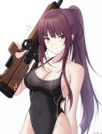  1girl artist_name bare_arms bare_shoulders black_swimsuit breasts bullpup cleavage collarbone competition_swimsuit covered_navel frown girls_frontline gun hair_ribbon highres holding holding_gun holding_weapon keenh large_breasts long_hair looking_at_viewer notice_lines object_namesake one-piece_swimsuit ponytail purple_hair red_eyes ribbon rifle sidelocks simple_background sniper_rifle solo swimsuit thighs very_long_hair wa2000_(girls_frontline) walther walther_wa_2000 weapon white_background 