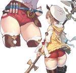  1girl ass atelier_(series) atelier_ryza back belt beret brown_hair commentary_request fangdan_runiu flask from_behind hat holding holding_staff hood hood_down looking_at_viewer looking_back multiple_views navel red_shorts reisalin_stout shirt short_hair short_shorts shorts staff test_tube thighhighs thighs white_background white_headwear 