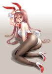  1girl animal_ears bow bowtie brown_eyes brown_hair brown_legwear bunny_ears bunny_tail bunnysuit commentary_request detached_collar gradient gradient_background hair_between_eyes high_heels highres katahira_masashi leotard long_hair looking_at_viewer lying on_side original pantyhose red_neckwear solo strapless strapless_leotard tail white_background white_footwear white_leotard wrist_cuffs 