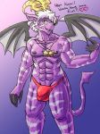  2019 abs biceps bulge buwaro_elexion claws clothed clothing demon horn male mammal manpersonguy mrease muscular muscular_male nipples pecs simple_background slightly_damned smile solo speedo swimwear underwear webcomic wings 