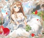  1girl bare_shoulders blue_eyes blurry blurry_background blush breasts bridal_veil brown_hair character_name cleavage collarbone commentary_request copyright_request dress eyebrows_visible_through_hair flower heart holding holding_flower kian large_breasts long-hair long_hair looking_at_viewer smile solo veil wedding_dress 