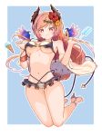  1girl :3 ankle_strap bare_arms bare_legs bare_shoulders bikini blue_background border breasts bright_pupils closed_mouth commentary_request drawstring full_body granblue_fantasy high_heels highres ice_cream_cone jitome legs long_hair lowleg lowleg_bikini mibushido_(milking) midriff multi-strapped_bikini navel no_nose off_shoulder outline outside_border sketch_eyebrows solo stomach strappy_heels swimsuit v-shaped_eyebrows w_arms wardrobe_malfunction white_border white_outline white_pupils 