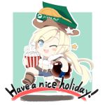  1girl blonde_hair blue_eyes boots chibi cola colt_m1873_(girls_frontline) commentary_request country_connection cowboy cowboy_hat english_text eyebrows_visible_through_hair food fourth_of_july girls_frontline hat highres kulettula one_eye_closed open_mouth pepsi pizza pizza_box pizza_hut popcorn sheriff_badge soda_bottle solo western 