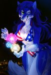  2019 5_fingers absurd_res anthro bikini blue_fur blue_hair blue_nose blue_pawpads canid canine canis cheek_tuft chest_tuft clenched_teeth clothing eyebrows eyelashes female finger_claws fingers fireworks fur green_eyes hair hi_res looking_at_viewer mammal night night_sky one_eye_closed pawpads rai_(shadowblade945) signature skeleion smile solo star swimwear teeth tuft united_states_of_america white_fur wink wolf 