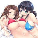  2girls bangs bare_shoulders bikini black_hair blue_bikini blue_eyes blush breasts brown_hair collarbone hand_up large_breasts long_hair looking_at_viewer lying mizuhara_yuu multiple_girls navel o-ring on_back open_mouth original red_bikini red_eyes shiny shiny_skin shirt sidelocks simple_background skindentation smile stomach swimsuit underboob white_background 