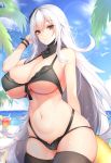  1girl absurdres azur_lane bangs bare_shoulders beach bikini bird black_bikini blue_sky bracelet breasts chixiao closed_mouth cloud commentary_request crossed_bangs detached_collar drink eyebrows_visible_through_hair glass graf_zeppelin_(azur_lane) hair_between_eyes highres innertube jewelry large_breasts lens_flare long_hair looking_at_viewer ocean palm_tree pout red_eyes silver_hair sky swimsuit table thighhighs tree underboob very_long_hair water water_drop waves wet 