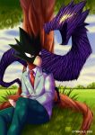  2018 absurd_res anthro avian citrinelle clothed clothing dark_shadow day detailed_background digital_media_(artwork) duo fumikage_tokoyami hi_res my_hero_academia outside red_eyes simple_background tree 